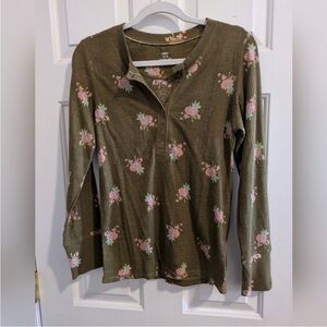 Aerie Ribbed Floral Thermal in Moss Green, NWOT